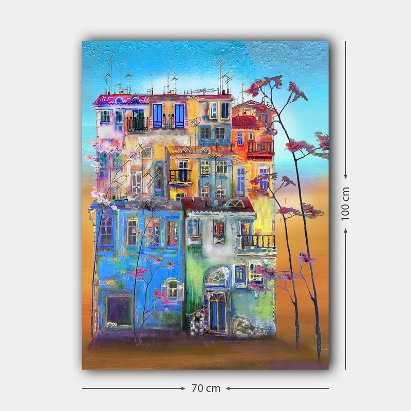 Canvastavla 70x100 cm - Färgglada hus i en urban miljö med blommande träd i förgrunden - Blå / Grön / Orange - Inredning & dekor - Tavlor & konst - Canvastavla