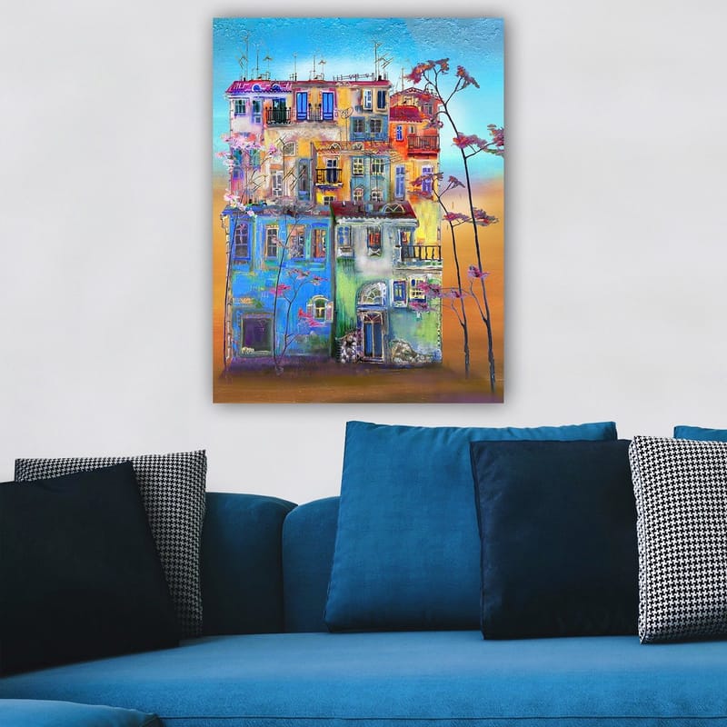 Canvastavla 70x100 cm - Färgglada hus i en urban miljö med blommande träd i förgrunden - Blå / Grön / Orange - Inredning & dekor - Tavlor & konst - Canvastavla