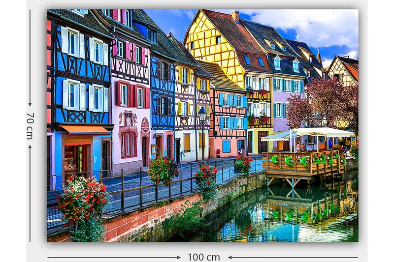 Canvastavla 70x100 cm - Färgglada hus längs en kanal i en pittoresk stadsmiljö - Blå / Rosa / Gul - Inredning & dekor - Tavlor & konst - Canvastavla