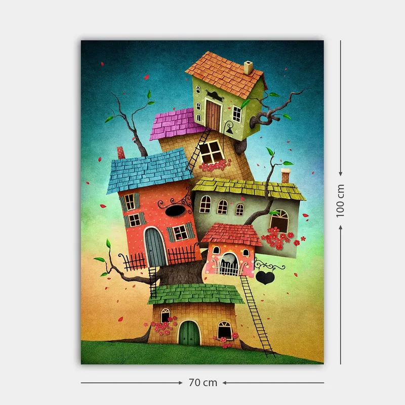 Canvastavla 70x100 cm - Färgglada hus som växer ur ett träd i en fantasifull och lekfull komposition - Röd / Grön / Blå - Inredning & dekor - Tavlor & konst - Canvastavla