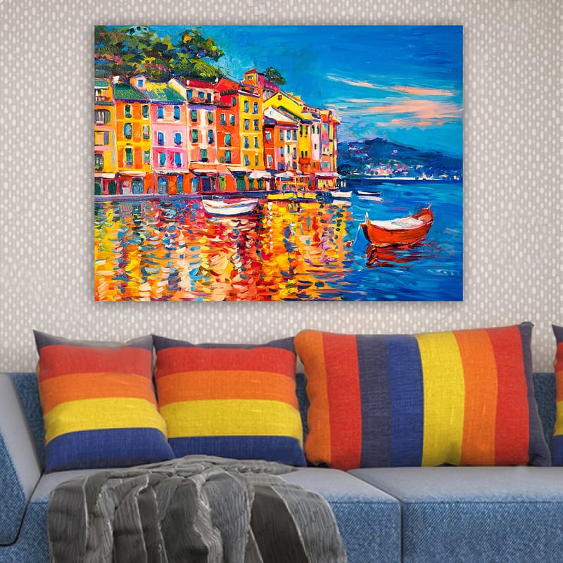 Canvastavla 70x100 cm - Färgglada hus vid en hamn med båtar som speglas i vattnet - Blå / Orange / Gul - Inredning & dekor - Tavlor & konst - Canvastavla