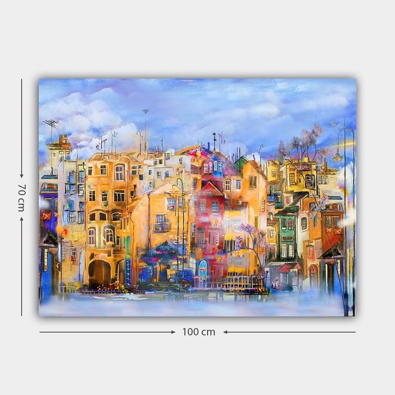 Canvastavla 70x100 cm - Färgglada hus vid en vattenkant i en livlig stadsmiljö - Gult / Rött / Blått - Inredning & dekor - Tavlor & konst - Canvastavla