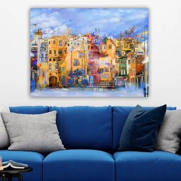 Canvastavla 70x100 cm - Färgglada hus vid en vattenkant i en livlig stadsmiljö - Gult / Rött / Blått - Inredning & dekor - Tavlor & konst - Canvastavla