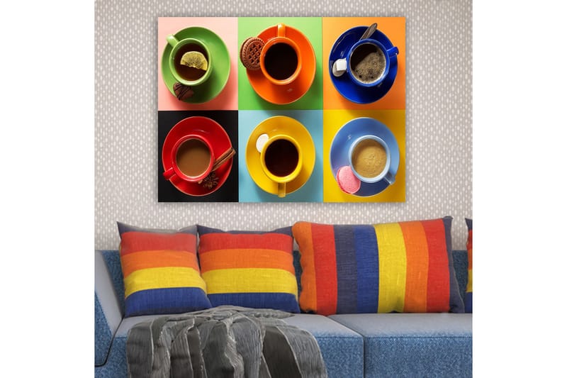 Canvastavla 70x100 cm - Färgglada kaffekoppar arrangerade i ett rutmönster med olika drycker och tillbehör - Grön / Röd / Blå - Inredning & dekor - Tavlor & konst - Canvastavla