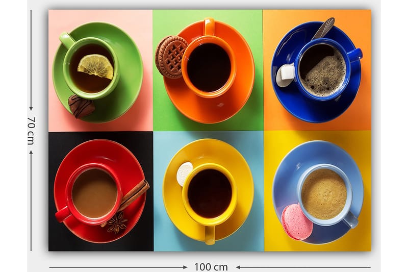 Canvastavla 70x100 cm - Färgglada kaffekoppar arrangerade i ett rutmönster med olika drycker och tillbehör - Grön / Röd / Blå - Inredning & dekor - Tavlor & konst - Canvastavla
