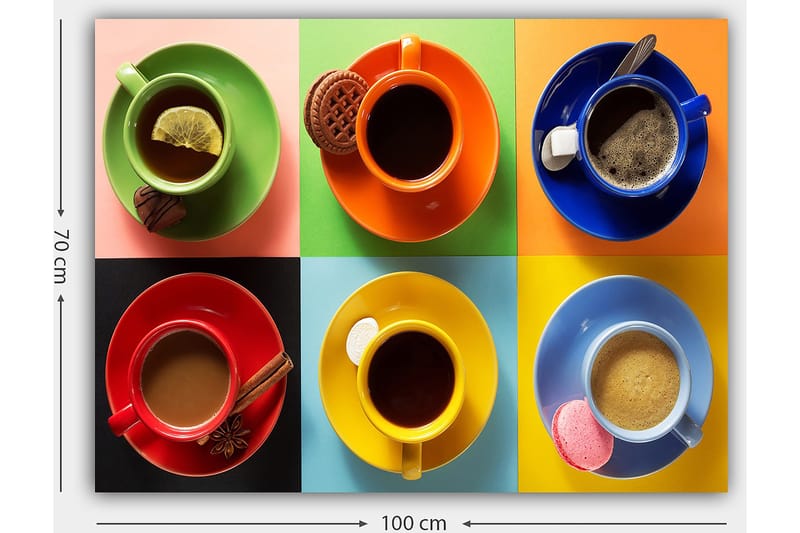 Canvastavla 70x100 cm - Färgglada kaffekoppar arrangerade i ett rutmönster med olika drycker och tillbehör - Grön / Röd / Blå - Inredning & dekor - Tavlor & konst - Canvastavla