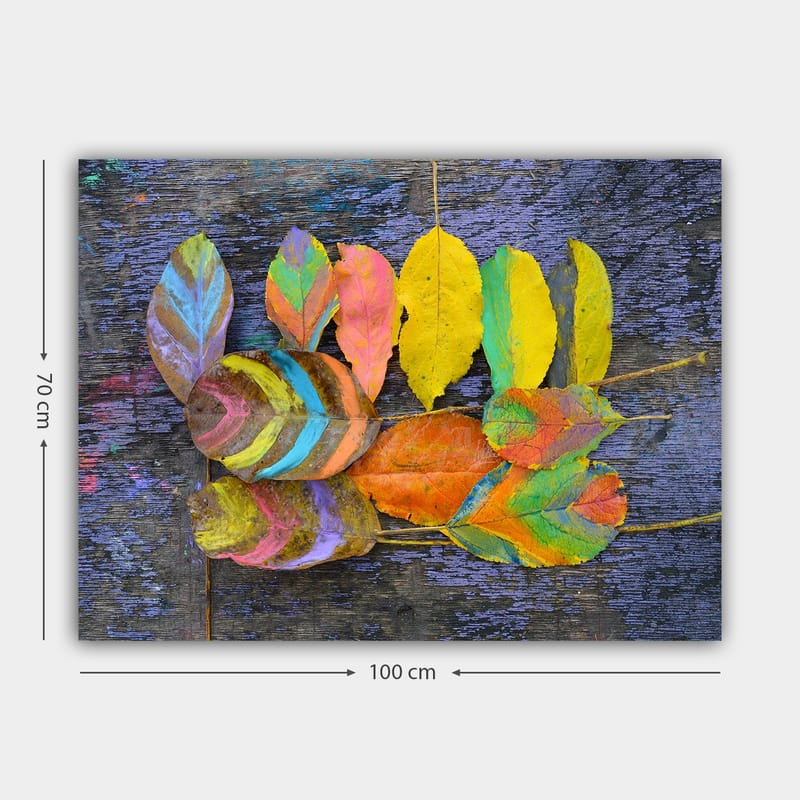 Canvastavla 70x100 cm - Färgglada löv arrangerade på en mörk bakgrund - Gul / Orange / Grön - Inredning & dekor - Tavlor & konst - Canvastavla
