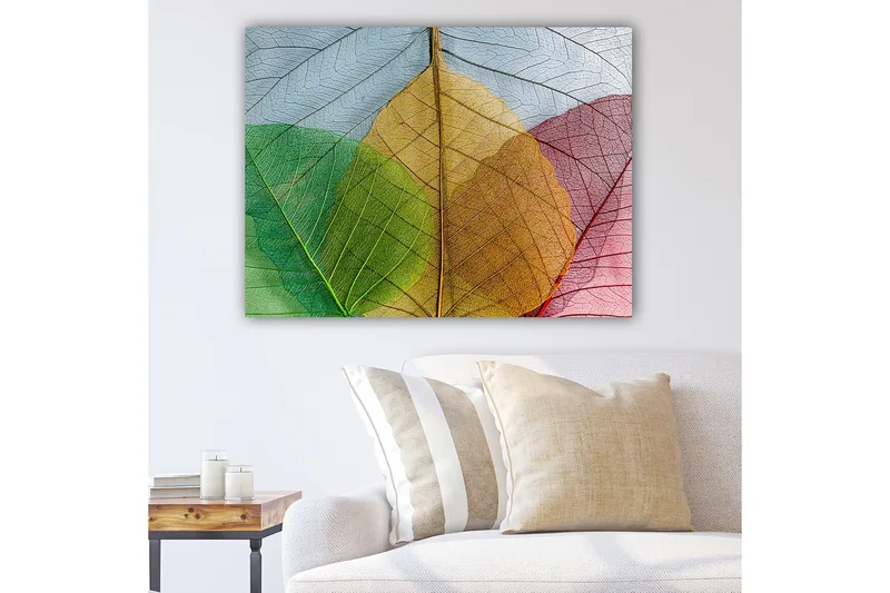 Canvastavla 70x100 cm - Färgglada löv i olika nyanser som skapar en harmonisk komposition - Grön / Röd / Gul - Inredning & dekor - Tavlor & konst - Canvastavla