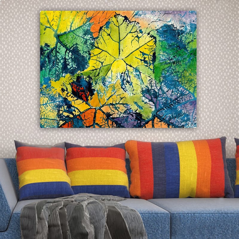 Canvastavla 70x100 cm - Färgglada löv i olika nyanser som skapar en livfull och abstrakt komposition - Gul / Grön / Orange - Inredning & dekor - Tavlor & konst - Canvastavla