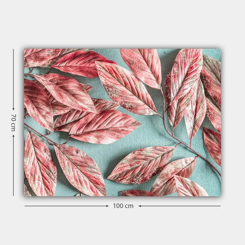 Canvastavla 70x100 cm - Färgglada löv i rosa och röd nyans mot en ljusblå bakgrund - Rosa / Ljusblå - Inredning & dekor - Tavlor & konst - Canvastavla
