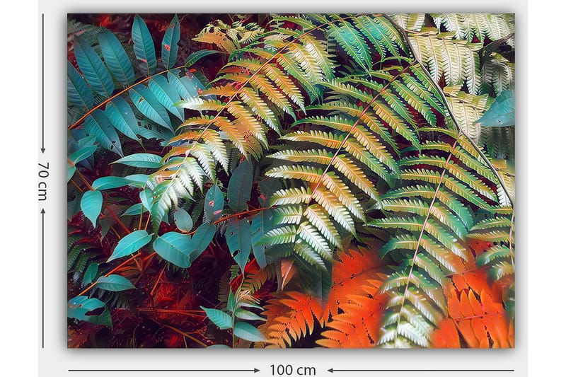 Canvastavla 70x100 cm - Färgglada ormbunksblad i en livlig komposition - Turkos / Grön / Orange - Inredning & dekor - Tavlor & konst - Canvastavla