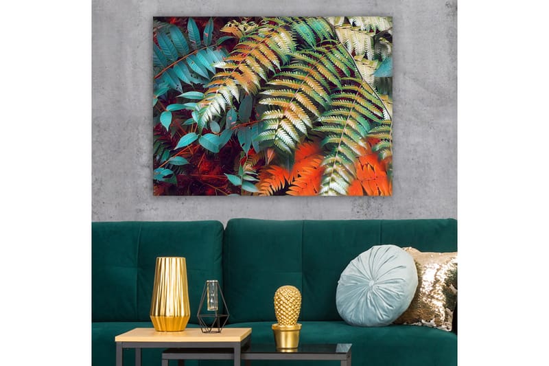 Canvastavla 70x100 cm - Färgglada ormbunksblad i en livlig komposition - Turkos / Grön / Orange - Inredning & dekor - Tavlor & konst - Canvastavla