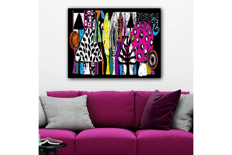 Canvastavla 70x100 cm - Färgglada svampar och abstrakta former i en lekfull komposition - Rosa / Svart / Grön - Inredning & dekor - Tavlor & konst - Canvastavla