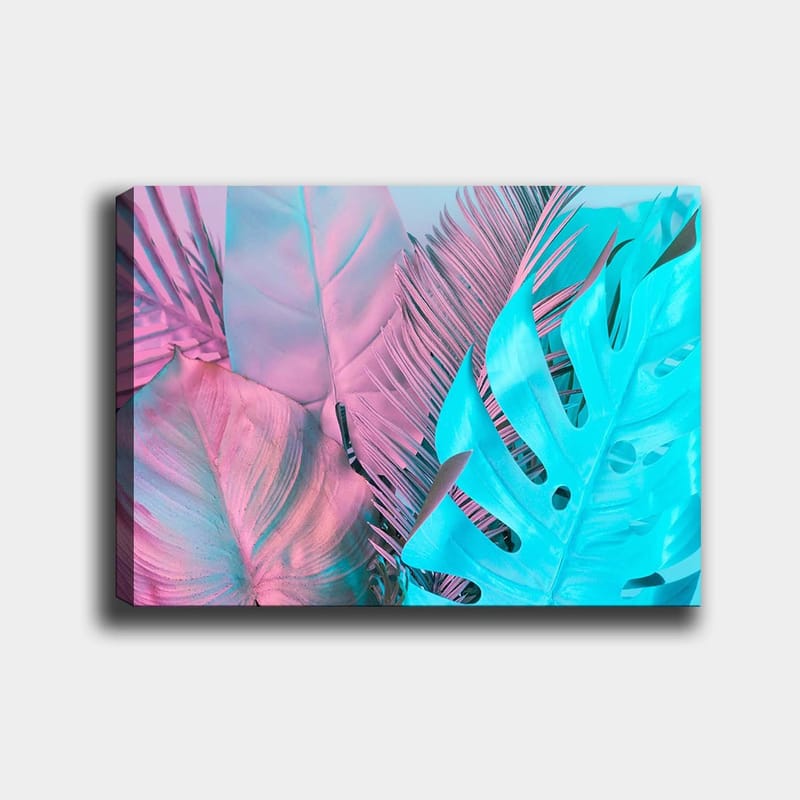 Canvastavla 70x100 cm - Färgglada tropiska blad i pastellnyanser - Ljusblå / Rosa - Inredning & dekor - Tavlor & konst - Canvastavla