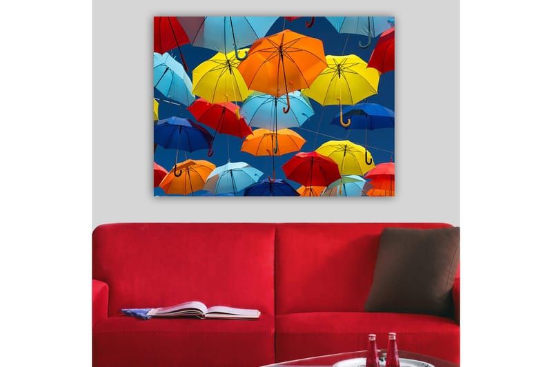 Canvastavla 70x100 cm - Färgglada paraplyer som svävar i luften - Röd / Blå / Gul - Inredning & dekor - Tavlor & konst - Canvastavla
