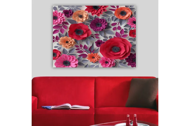 Canvastavla 70x100 cm - Färgglada papperblommor i olika former och storlekar - Mörk rosa / Lila / Orange - Inredning & dekor - Tavlor & konst - Canvastavla