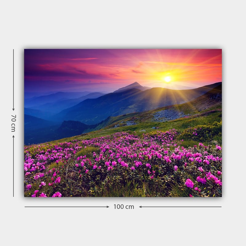 Canvastavla 70x100 cm - Färgsprakande bergslandskap med blomstrande rosa blommor i förgrunden och en soluppgång i bakgrunden - Rosa / Lila / Guld - Inredning & dekor - Tavlor & konst - Canvastavla