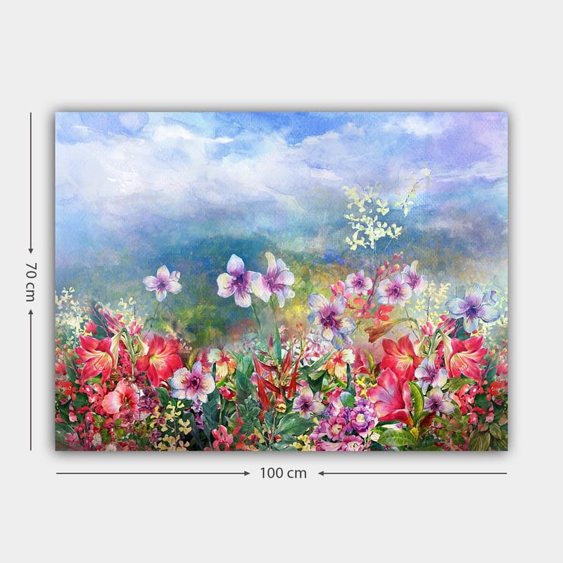 Canvastavla 70x100 cm - Färgsprakande blomsteräng med olika blommor i livfulla nyanser - Röd / Lila / Grön - Inredning & dekor - Tavlor & konst - Canvastavla