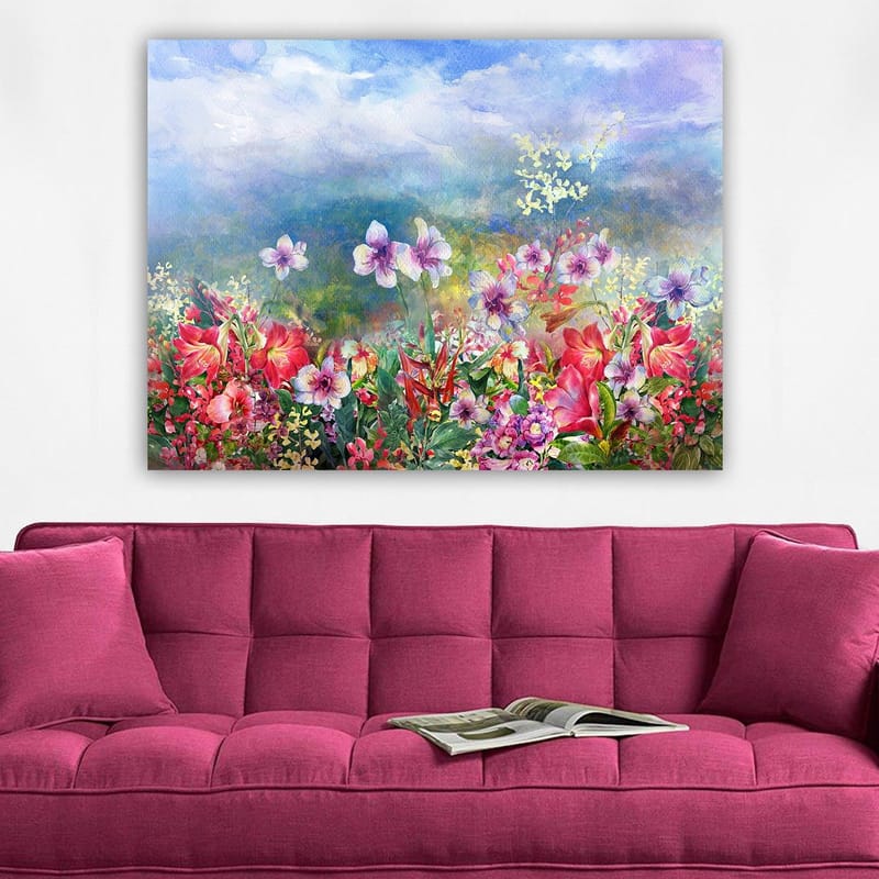Canvastavla 70x100 cm - Färgsprakande blomsteräng med olika blommor i livfulla nyanser - Röd / Lila / Grön - Inredning & dekor - Tavlor & konst - Canvastavla