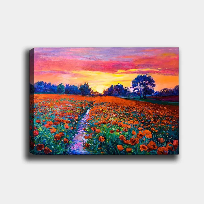 Canvastavla 70x100 cm - Färgsprakande blomsteräng med vallmo under en solnedgång, Orange / Grön / Lila