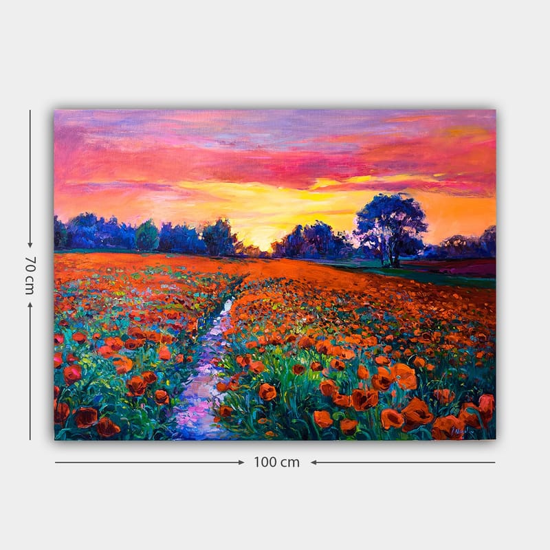 Canvastavla 70x100 cm - Färgsprakande blomsteräng med vallmo under en solnedgång - Orange / Grön / Lila - Inredning & dekor - Tavlor & konst - Canvastavla