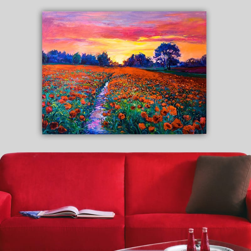 Canvastavla 70x100 cm - Färgsprakande blomsteräng med vallmo under en solnedgång - Orange / Grön / Lila - Inredning & dekor - Tavlor & konst - Canvastavla