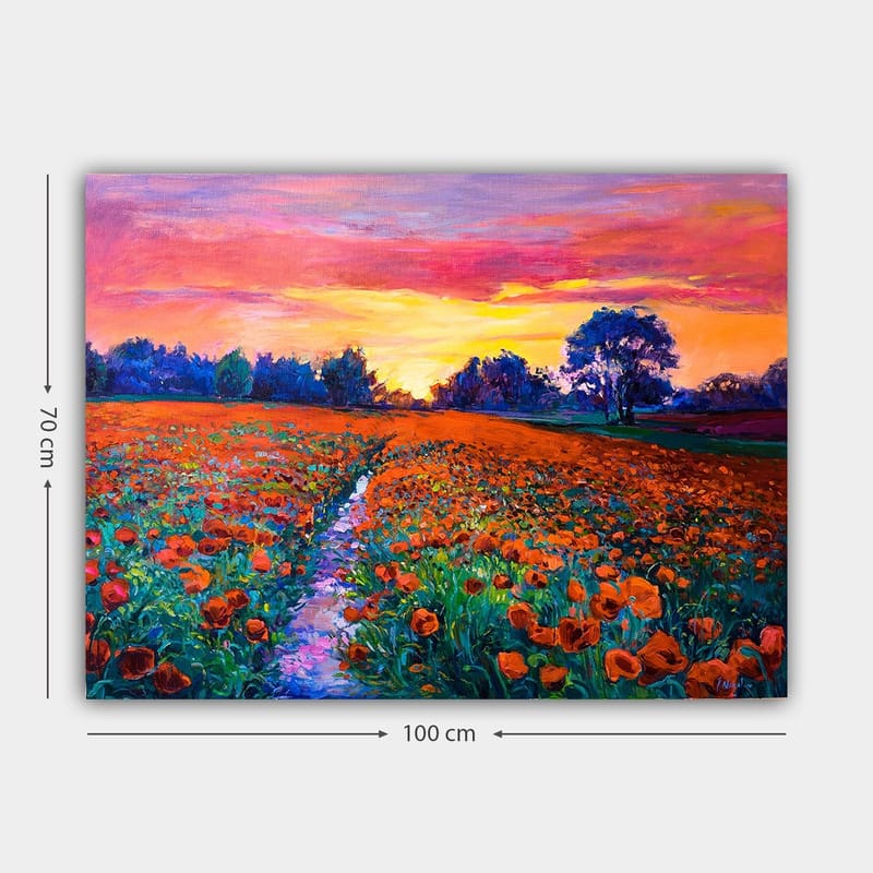 Canvastavla 70x100 cm - Färgsprakande blomsteräng med vallmo under en solnedgång - Orange / Grön / Lila - Inredning & dekor - Tavlor & konst - Canvastavla