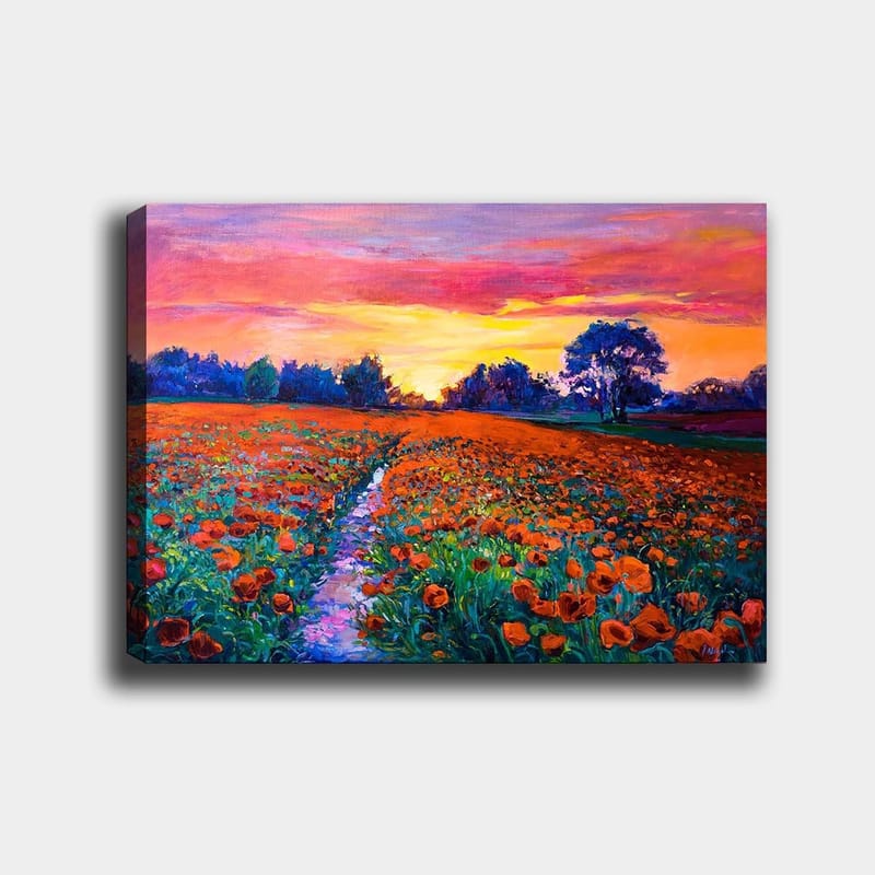 Canvastavla 70x100 cm - Färgsprakande blomsteräng med vallmo under en solnedgång, Orange / Grön / Lila