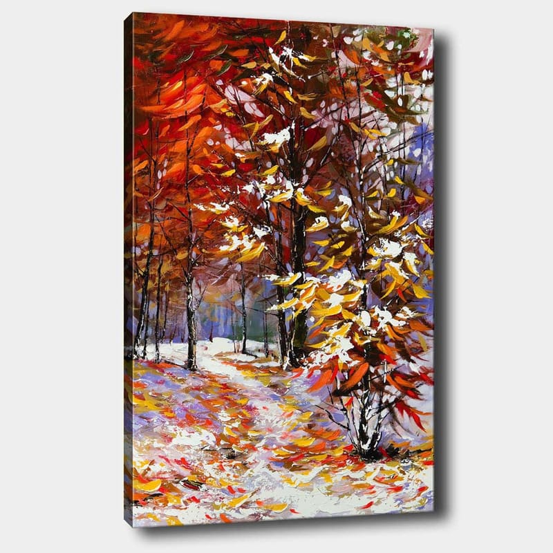 Canvastavla 70x100 cm - Färgsprakande höstscen med träd i rika nyanser av rött och gult, omgivna av snö, Röd / Gul / Vit