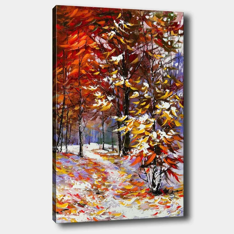 Canvastavla 70x100 cm - Färgsprakande höstscen med träd i rika nyanser av rött och gult, omgivna av snö, Röd / Gul / Vit