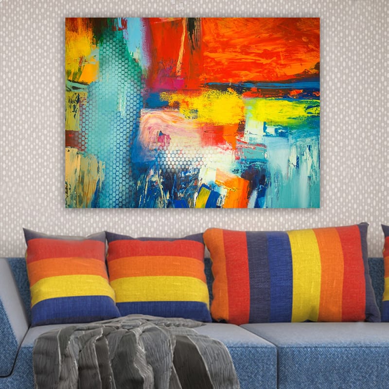 Canvastavla 70x100 cm - Färgstark abstrakt komposition med inslag av röd, blå och gul färg som skapar en dynamisk känsla - Röd / Blå / Gul - Inredning & dekor - Tavlor & konst - Canvastavla