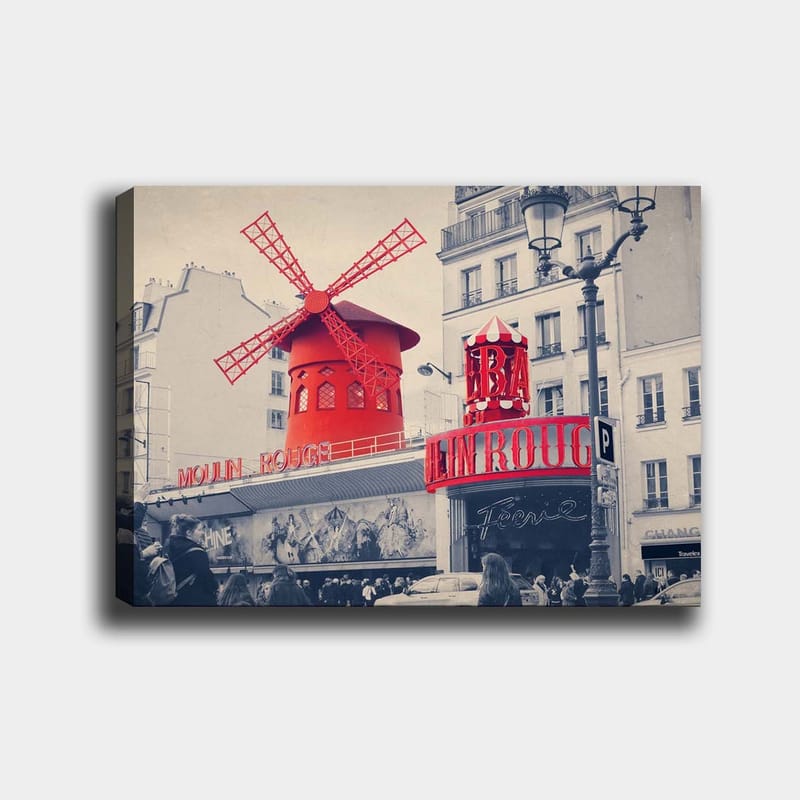 Canvastavla 70x100 cm - Färgstark avbildning av Moulin Rouge med sin karakteristiska röda vindmölla - Röd / Svart / Grå - Inredning & dekor - Tavlor & konst - Canvastavla
