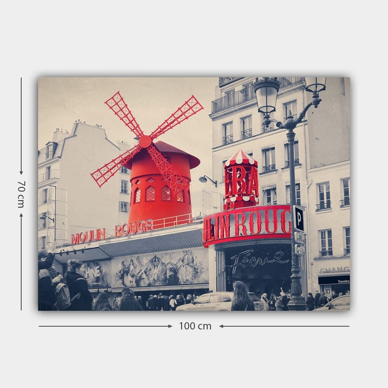 Canvastavla 70x100 cm - Färgstark avbildning av Moulin Rouge med sin karakteristiska röda vindmölla - Röd / Svart / Grå - Inredning & dekor - Tavlor & konst - Canvastavla