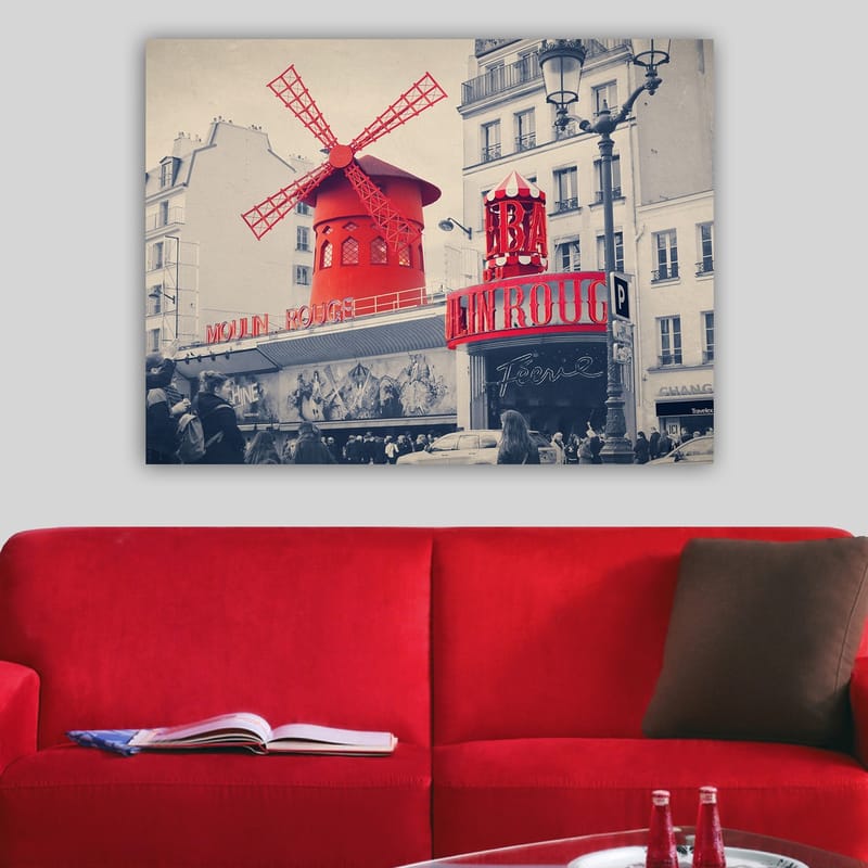 Canvastavla 70x100 cm - Färgstark avbildning av Moulin Rouge med sin karakteristiska röda vindmölla - Röd / Svart / Grå - Inredning & dekor - Tavlor & konst - Canvastavla
