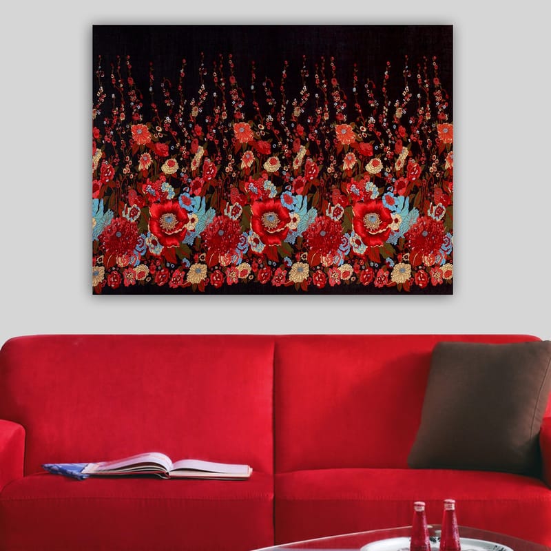 Canvastavla 70x100 cm - Färgstark blommönsterkomposition med röda och blå blommor som skapar en livfull atmosfär - Röd / Blå / Grön - Inredning & dekor - Tavlor & konst - Canvastavla