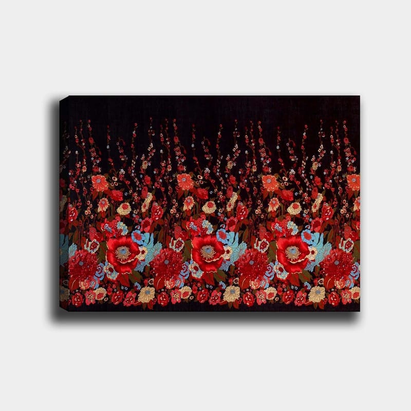Canvastavla 70x100 cm - Färgstark blommönsterkomposition med röda och blå blommor som skapar en livfull atmosfär - Röd / Blå / Grön - Inredning & dekor - Tavlor & konst - Canvastavla