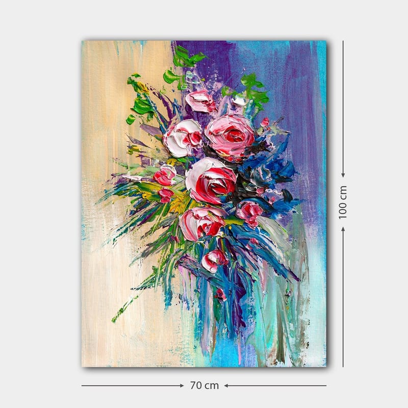 Canvastavla 70x100 cm - Färgstark bukett med rosor och gröna blad - Rosa / Grön / Blå - Inredning & dekor - Tavlor & konst - Canvastavla