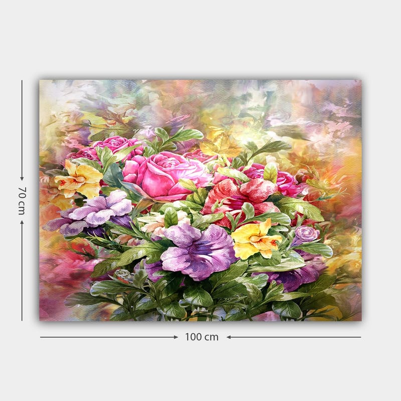 Canvastavla 70x100 cm - Färgstark bukett med rosor och violer i olika nyanser - Rosa / Lila / Gul - Inredning & dekor - Tavlor & konst - Canvastavla