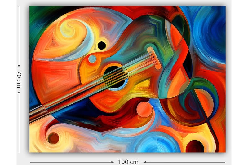 Canvastavla 70x100 cm - Färgstark gitarr omgiven av abstrakta former och svängande linjer - Röd / Orange / Blå - Inredning & dekor - Tavlor & konst - Canvastavla