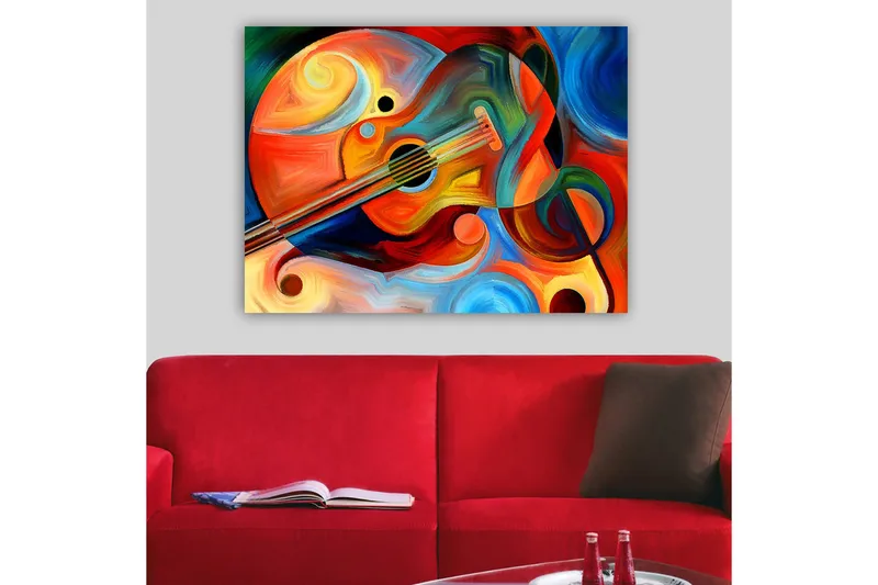 Canvastavla 70x100 cm - Färgstark gitarr omgiven av abstrakta former och svängande linjer - Röd / Orange / Blå - Inredning & dekor - Tavlor & konst - Canvastavla