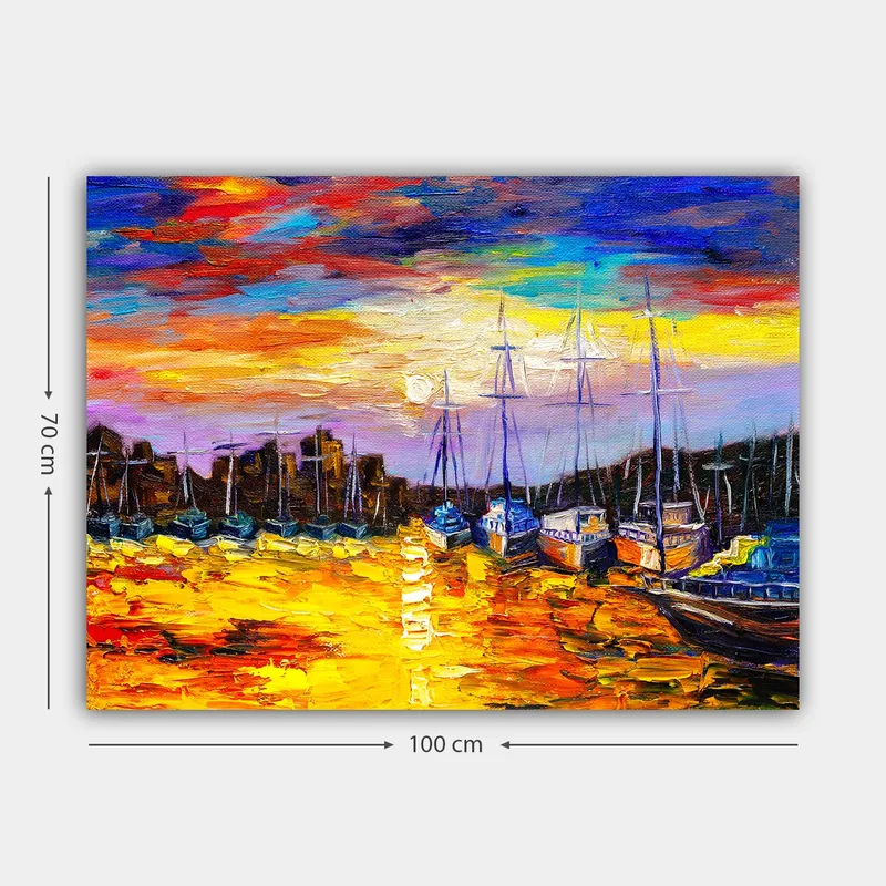 Canvastavla 70x100 cm - Färgstark hamnscen med segelbåtar som reflekteras i vattnet under en solnedgång - Guld / Blå / Orange - Inredning & dekor - Tavlor & konst - Canvastavla