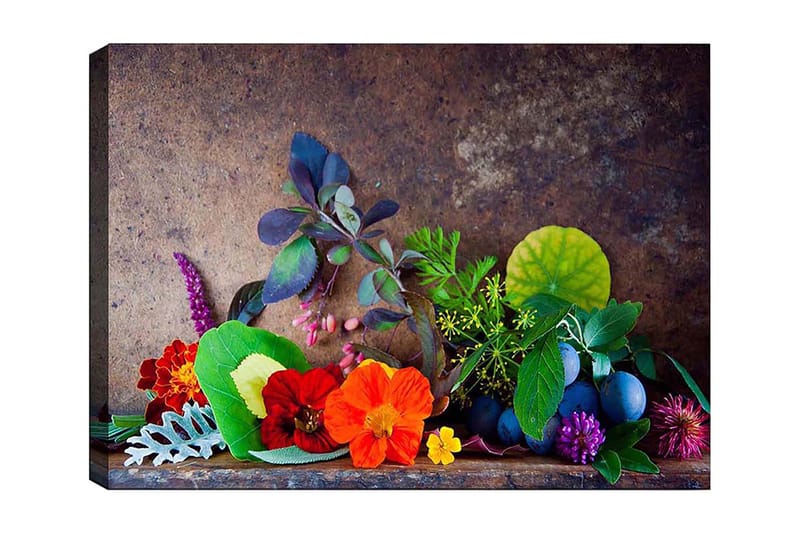 Canvastavla 70x100 cm - Färgstark komposition av blommor och gröna blad, Röd / Grön / Lila