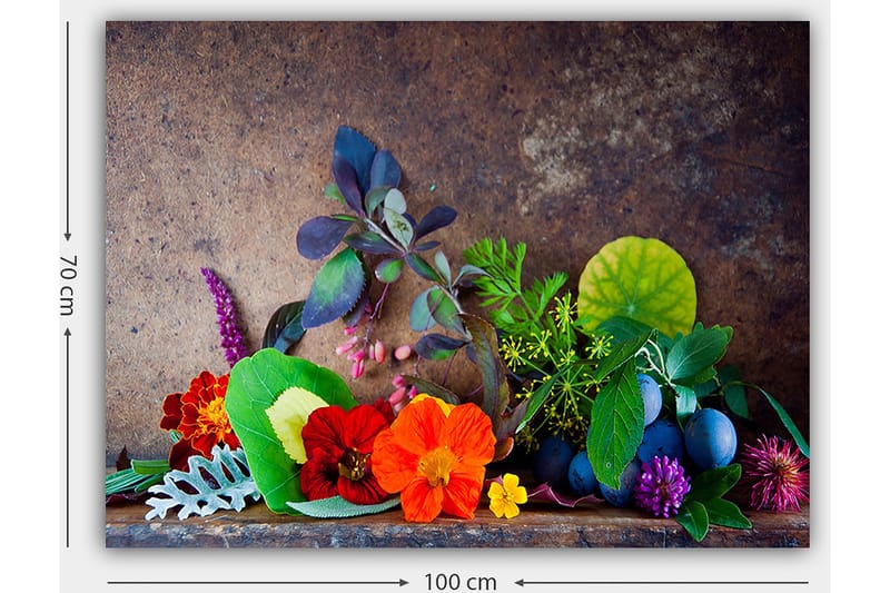 Canvastavla 70x100 cm - Färgstark komposition av blommor och gröna blad - Röd / Grön / Lila - Inredning & dekor - Tavlor & konst - Canvastavla