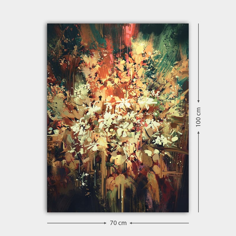 Canvastavla 70x100 cm - Färgstark och abstrakt blomsterkomposition som fångar naturens skönhet - Grön / Orange / Vit - Inredning & dekor - Tavlor & konst - Canvastavla