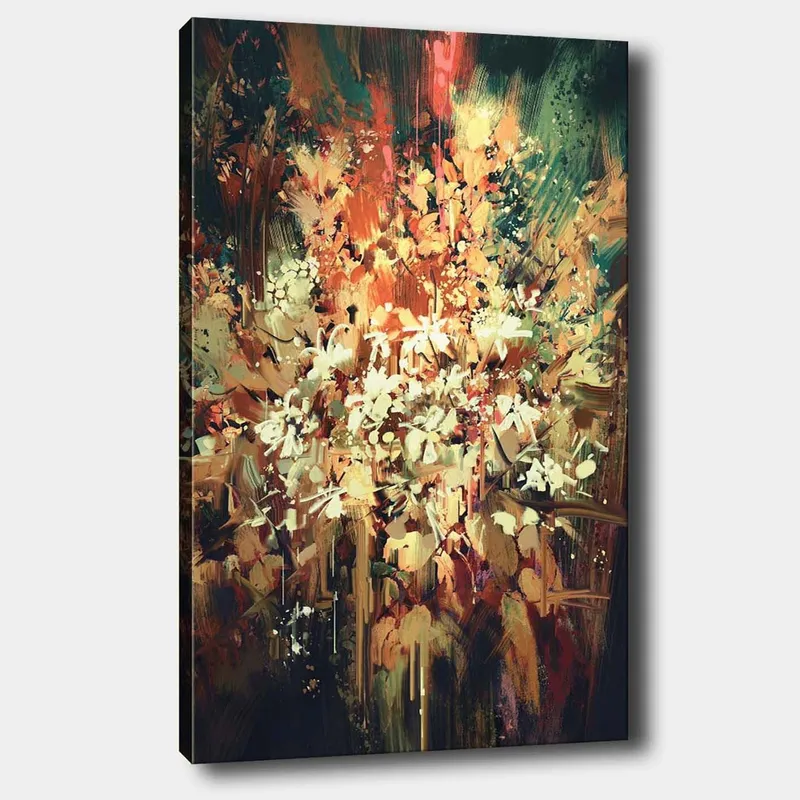Canvastavla 70x100 cm - Färgstark och abstrakt blomsterkomposition som fångar naturens skönhet, Grön / Orange / Vit