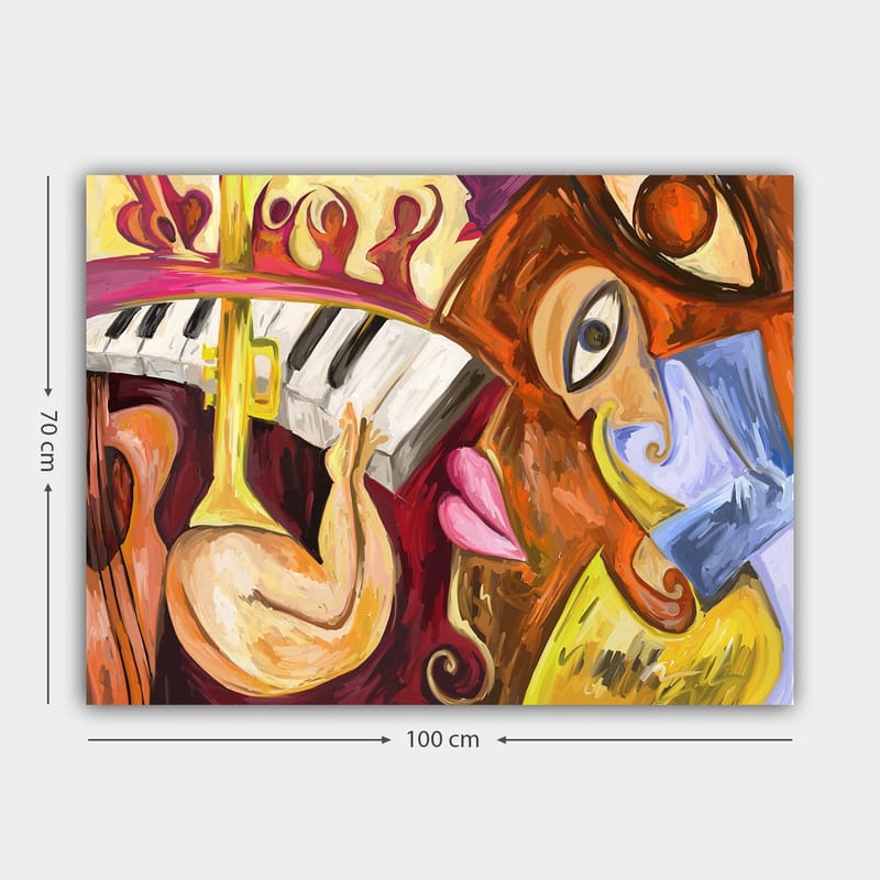 Canvastavla 70x100 cm - Färgstark och abstrakt komposition med musikaliska inslag och ansiktsmotiv - Röd / Gul / Blå - Inredning & dekor - Tavlor & konst - Canvastavla