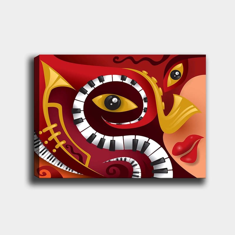 Canvastavla 70x100 cm - Färgstark och abstrakt komposition som förenar musikaliska element med ansiktsdrag - Röd / Svart / Gul - Inredning & dekor - Tavlor & konst - Canvastavla