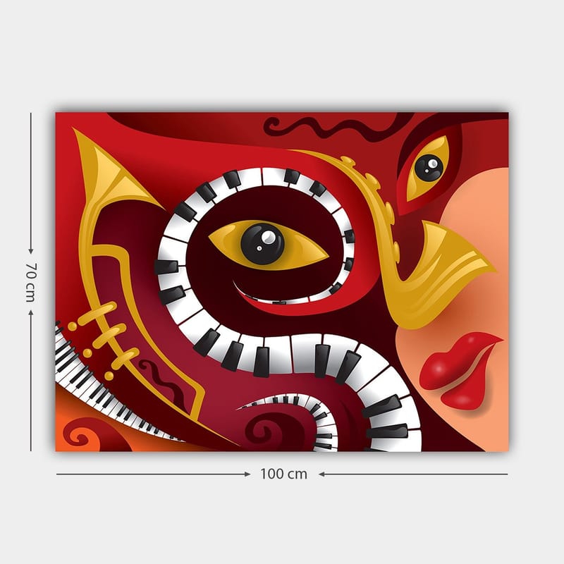 Canvastavla 70x100 cm - Färgstark och abstrakt komposition som förenar musikaliska element med ansiktsdrag - Röd / Svart / Gul - Inredning & dekor - Tavlor & konst - Canvastavla