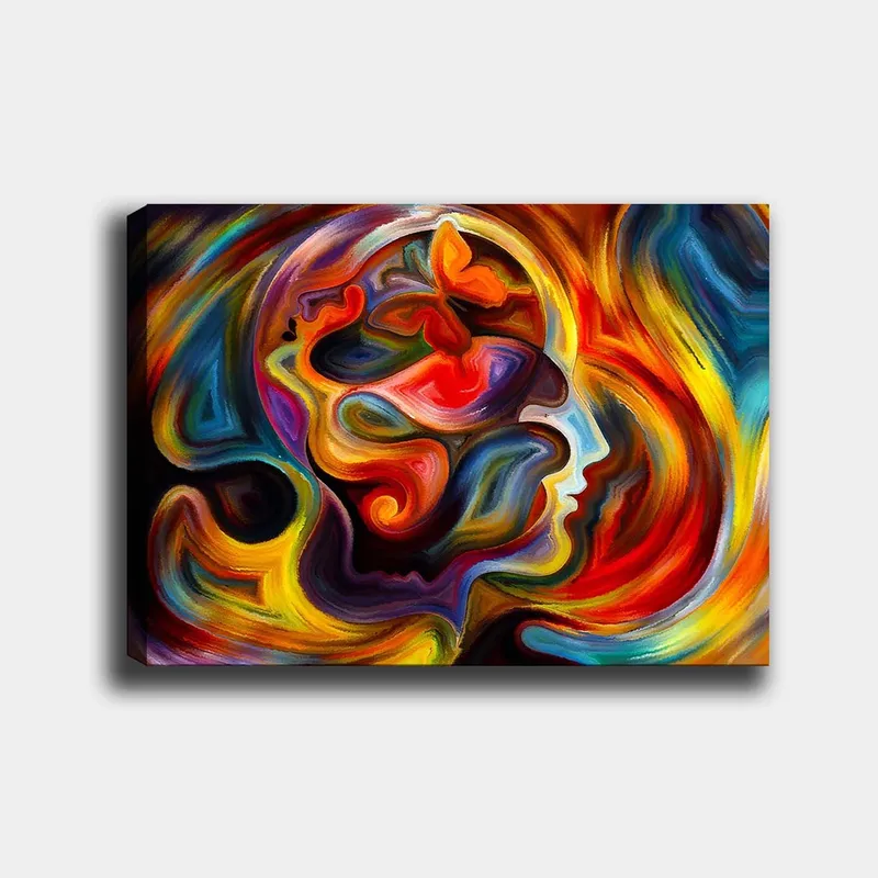 Canvastavla 70x100 cm - Färgstark och abstrakt skildring av en människas profil med inslag av en fjäril som symboliserar transformation och frihet - Röd / Orange / Blå - Inredning & dekor - Tavlor & konst - Canvastavla