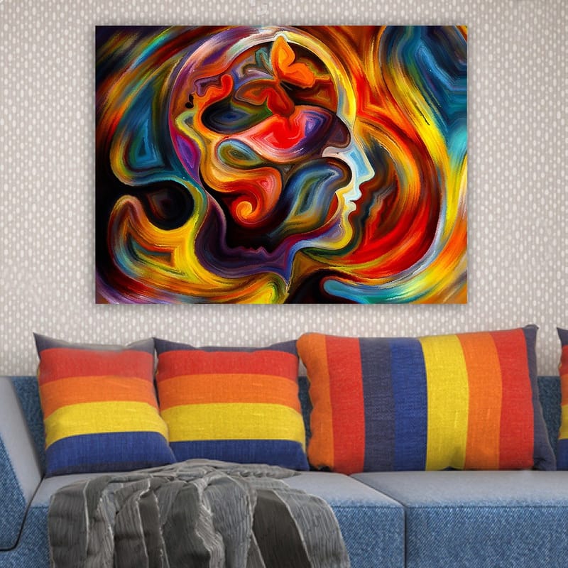 Canvastavla 70x100 cm - Färgstark och abstrakt skildring av en människas profil med inslag av en fjäril som symboliserar transformation och frihet - Röd / Orange / Blå - Inredning & dekor - Tavlor & konst - Canvastavla